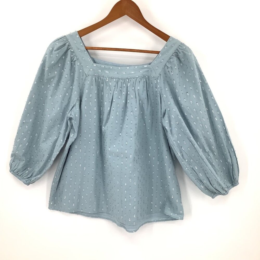 Lauren Conrad Women's L Light Blue Silver Cotton Puff Sleeve Square Neck Top